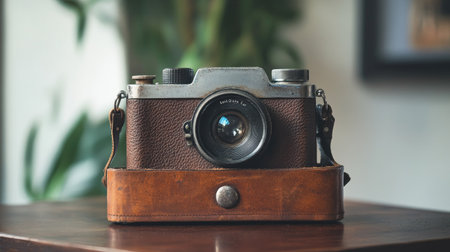 Old-fashioned camera on a vintage leather case, no people, with space for copy textの素材