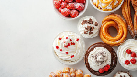 Sweet festival desserts like churros and funnel cakes with whipped cream, top view, copy space, no peopleの素材