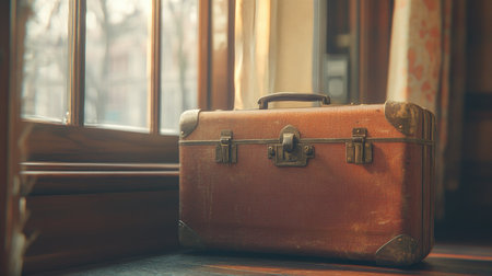 Vintage suitcase resting by a window in a cozy room, no people, ample copy space availableの素材