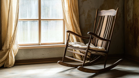Vintage wooden rocking chair by a window, no people, with ample copy spaceの素材