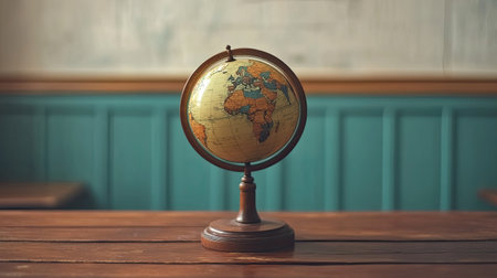 Vintage globe on a wooden stand in a quiet room, no people, ample copy space availableの素材