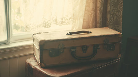 Vintage suitcase resting by a window in a cozy room, no people, ample copy space availableの素材