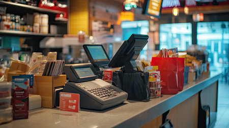 A checkout counter with a cash register, credit cards, and bags with ample space for promotional textの素材