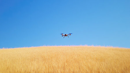 A drone flying over a golden wheat field with a bright blue sky providing space for promotional textの素材