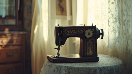 Vintage sewing machine in a cozy room, no people, with ample copy space for textの素材
