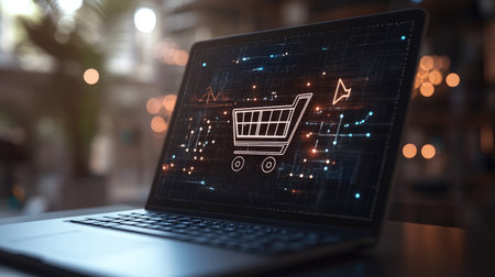 An open laptop with a shopping cart icon on the screen, surrounded by online shopping elements, with copy spaceの素材