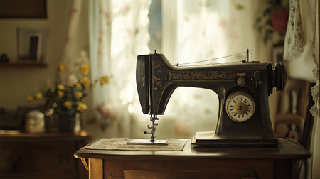 Vintage sewing machine in a cozy room, no people, with ample copy space for textの素材