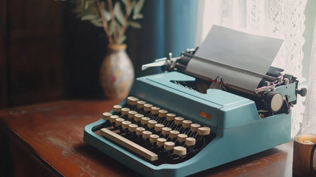 Vintage typewriter with blank paper in a cozy room, no people, ample space for textの素材