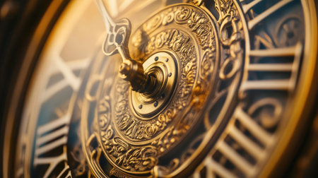 Vintage clock face with roman numerals in close-up, no people, ample copy space for textの素材