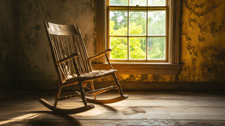 Vintage wooden rocking chair by a window, no people, with ample copy spaceの素材