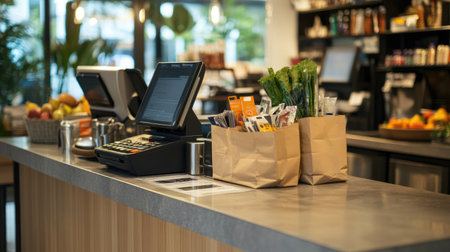 A checkout counter with a cash register, credit cards, and bags with ample space for promotional textの素材