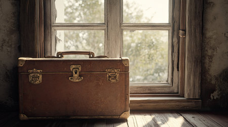 Vintage suitcase resting by a window in a cozy room, no people, ample copy space availableの素材
