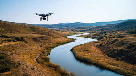 A drone flying above a winding river cutting through a valley with clear skies and ample space for copyの素材
