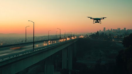 A drone flying above a city bridge at dusk with wide, empty sky space for text or promotionsの素材