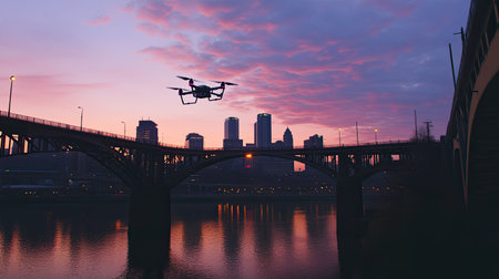 A drone flying above a city bridge at dusk with wide, empty sky space for text or promotionsの素材