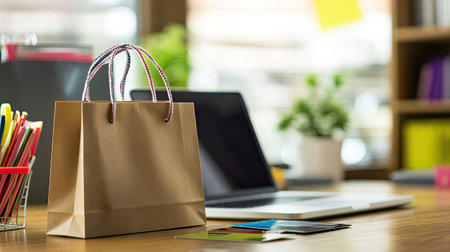 A credit card and shopping bag placed on a desk with a laptop in the background, copy space availableの素材