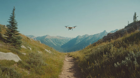 A drone hovering above a mountain trail with clear skies, offering plenty of space for text or advertisingの素材