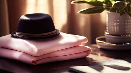 Fashion items neatly folded on a display table with space for sales or promotional textの素材