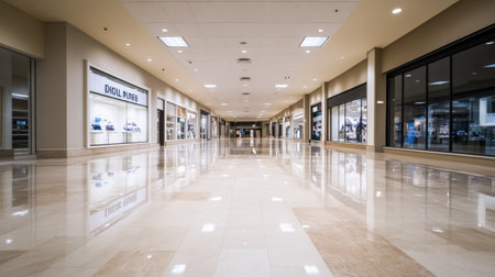 Empty retail space with bright lighting and a clean floor, perfect for text or ad placementの素材