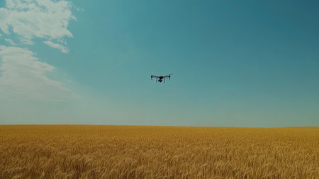 A drone flying over a golden wheat field with a bright blue sky providing space for promotional textの素材