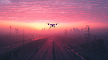 A drone flying above a city bridge at dusk with wide, empty sky space for text or promotionsの素材