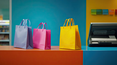 Shopping bags placed neatly next to a cash register with blank space for textの素材