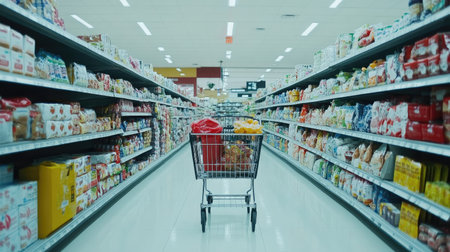 Shopping cart loaded with groceries in a store aisle, with ample copy space on the sideの素材
