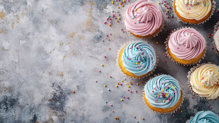 A close-up of cupcakes with pastel icing and sprinkles, with space for festive copyの素材