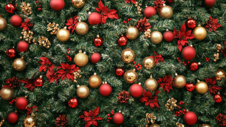 A close-up of a Christmas tree with red and gold baubles and ample space for holiday messagesの素材