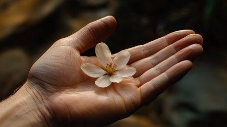 An open palm with a small flower placed gently, symbolizing kindness and warmth, with ample copy spaceの素材