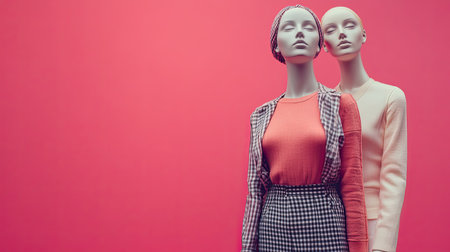 Store mannequins dressed in trendy clothes with a clean background and copy space for fashion adsの素材