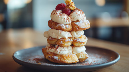 A close-up of profiteroles stacked on a plate, with room for Dessert Day greetingsの素材
