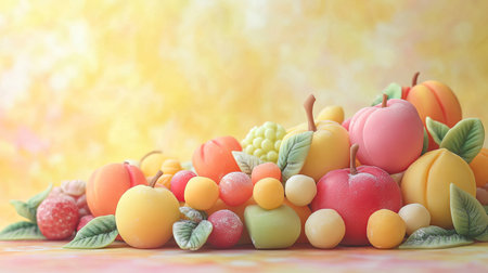 An arrangement of marzipan fruits with a soft background for Dessert Day messagesの素材