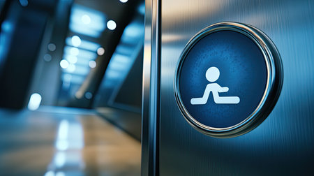 An accessibility symbol on an elevator button panel, with space for text supporting National Day of Persons with Disabilitiesの素材