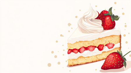 A slice of strawberry shortcake with whipped cream and space for Dessert Day textの素材