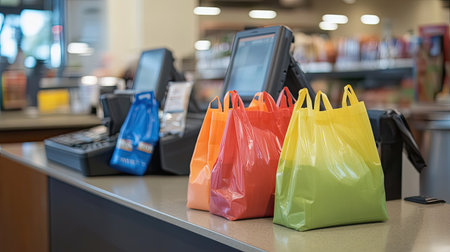 Shopping bags placed next to a cash register with ample copy space in the backgroundの素材