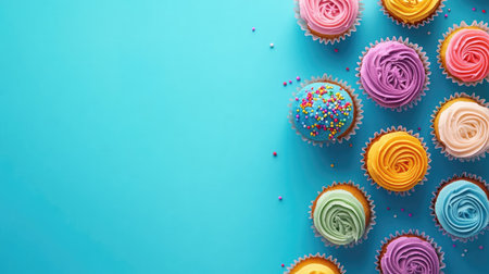 Array of colorful cupcakes with sprinkles and icing, leaving space for Dessert Day messagesの素材
