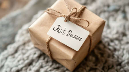 A small wrapped gift with a tag reading "Just Because" on a neutral background, with space for World Kindness Day messagesの素材