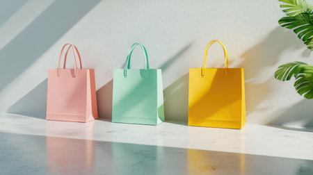 Shopping bags in various colors placed on the floor with blank space for text, minimalist backgroundの素材