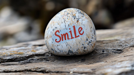 A kindness rock with the word "Smile" painted on it, set on a wooden surface with room for copy spaceの素材
