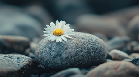 A single daisy resting on a smooth stone, representing gentle kindness, with space for World Kindness Day messagesの素材