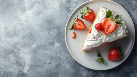 A slice of strawberry shortcake with whipped cream and space for Dessert Day textの素材