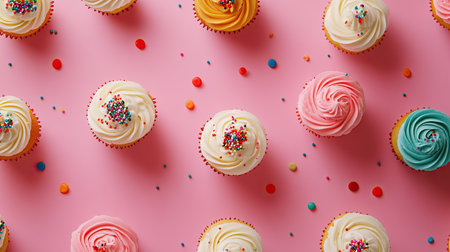 Array of colorful cupcakes with sprinkles and icing, leaving space for Dessert Day messagesの素材