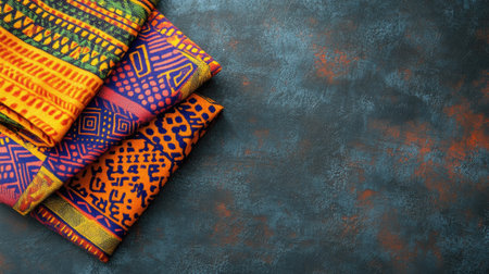 Top view of African kente cloth folded neatly with ample copy spaceの素材