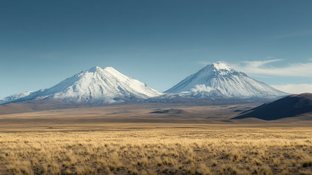 Snow-capped volcanoes in the Chilean Andes with wide, empty sky for copyの素材