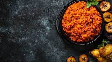 Top view of African food dishes like jollof rice and fried plantains, with empty space for copyの素材