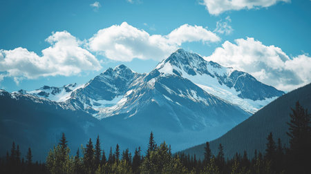Snow-capped peaks in British Columbia, with a wide-open sky for copyの素材