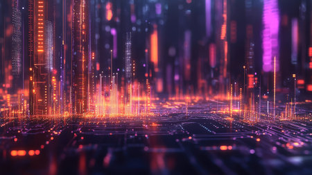 Glowing circuit board with digital waves and abstract data flow representing technological advancementの素材