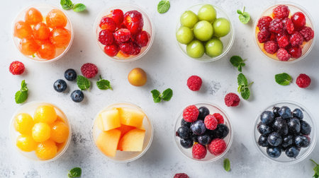 Assorted fruit cups with fresh berries and melon balls, festival food, top view, copy space, no peopleの素材