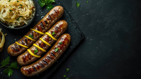 Grilled festival sausages served with mustard and sauerkraut, top view, copy space, no peopleの素材